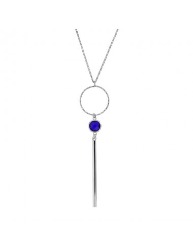 Collier argent 925/1000 rhodié cercle diamanté serti d'une pierre synthétique facettée bleu marine