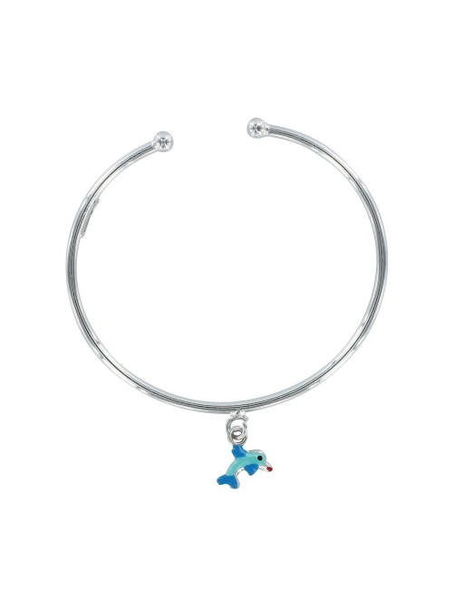 bracelet jonc ouvert pendentif dauphin bleu émaillé